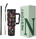 House of Quirk 1200ML Stainless Steel Tumbler Hot and Cold with Handle and Lid 2 Straw, Double Insulated Cup Mug Cupholder for Gym, Travelling (Black Heart)