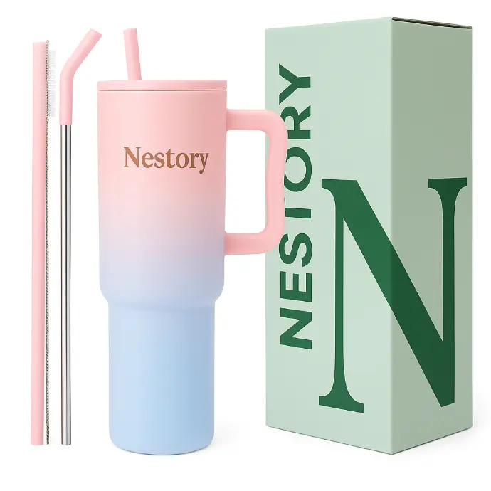 Nestory 1200ML Stainless Steel Tumbler Hot and Cold with Handle and Lid 2 Straw, Double Insulated Cup Mug Cupholder for Gym, Travelling (Pink&Blue)