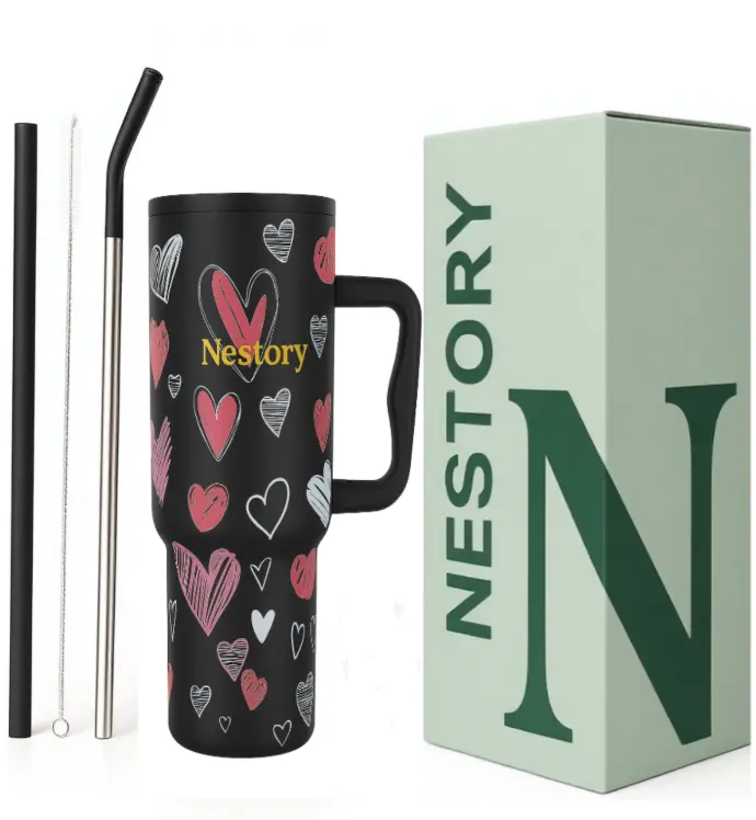 [Tumbler_BlackHearts] House of Quirk 1200ML Stainless Steel Tumbler Hot and Cold with Handle and Lid 2 Straw, Double Insulated Cup Mug Cupholder for Gym, Travelling (Black Heart)