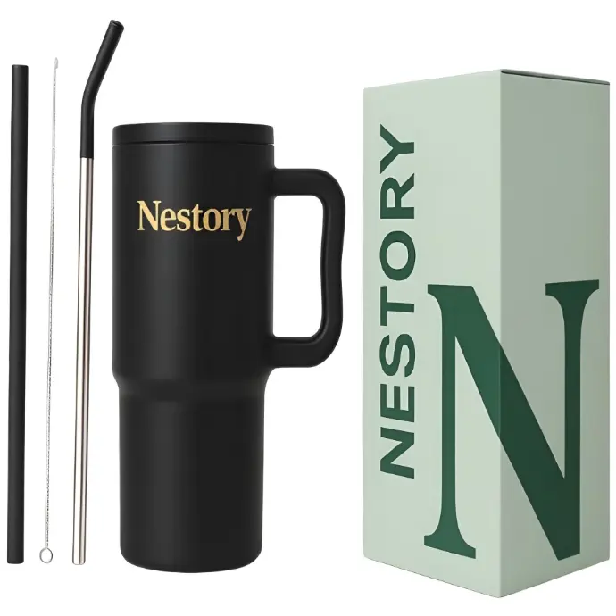 [Tumbler-Black] Nestory 1200ML Stainless Steel Tumbler Hot and Cold with Handle and Lid 2 Straw, Double Insulated Cup Mug Cupholder for Gym, Travelling (Black)